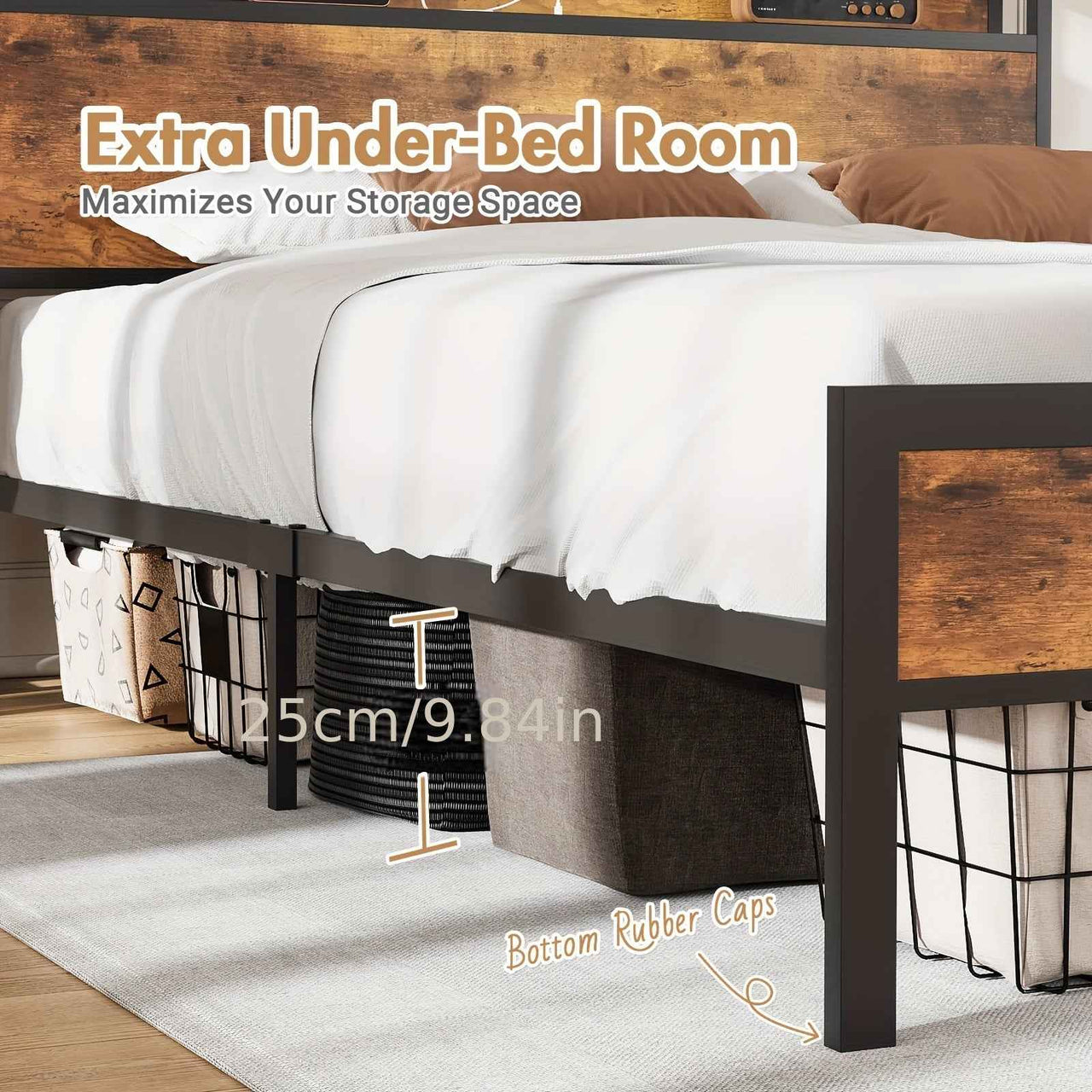 Advwin Double Bed / Queen Bed Frame with Industrial Storage Headboard, USB Charging Station, and Hardwood Accents