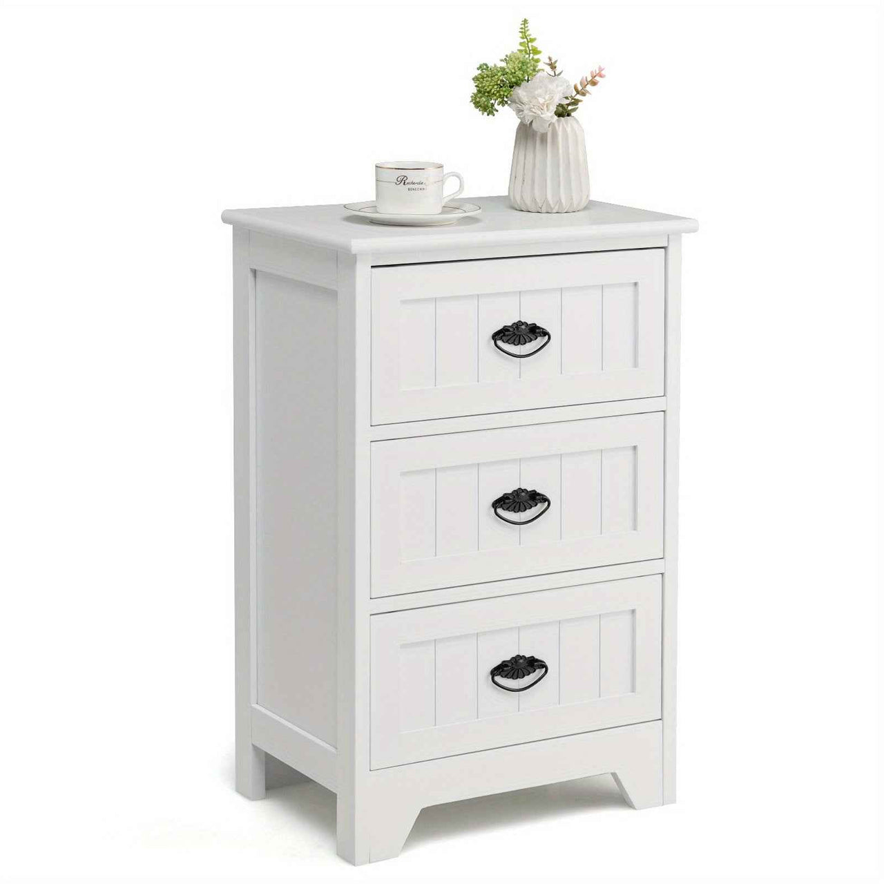 Side Table 3-Drawer Bedside Table Vintage Nightstand Bedroom Living Room Home White