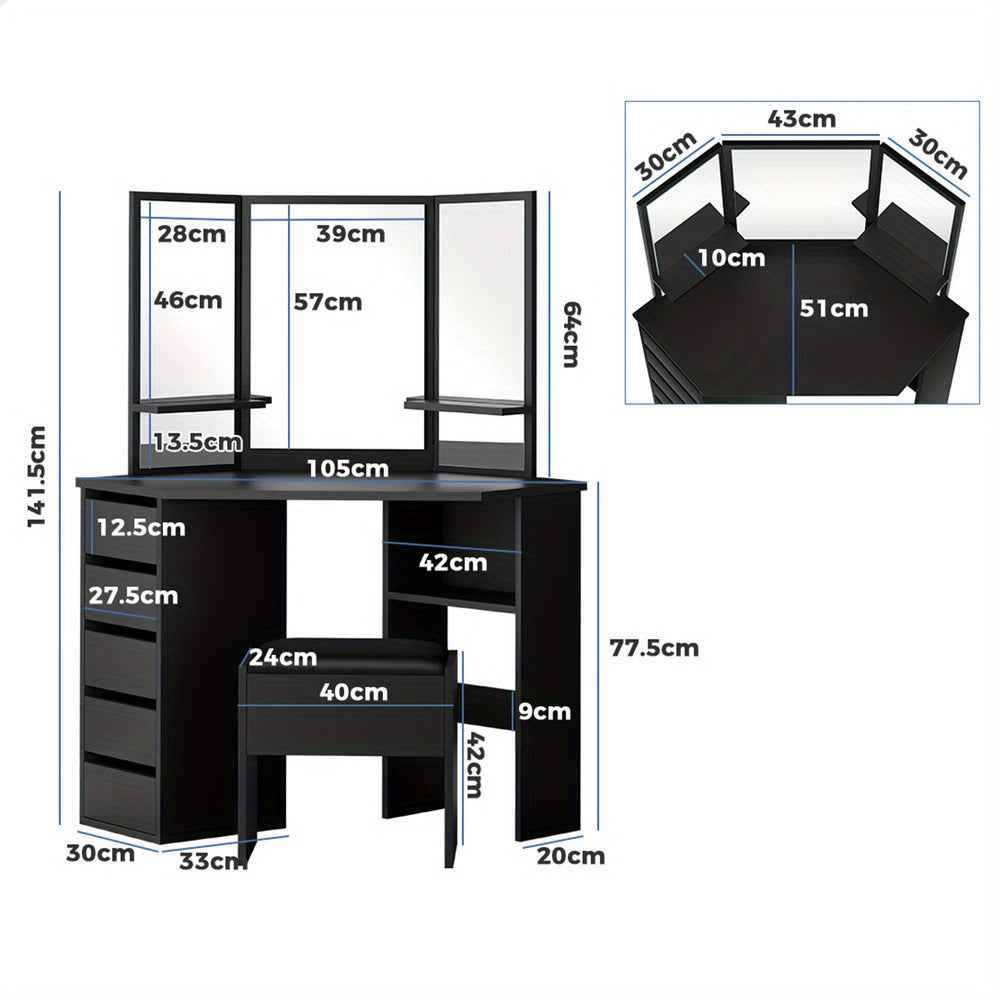 Modern Vanity Desk Set with Tri-Fold Mirror, Adjustable Height Stool - Hardwood Construction, Spacious Storage