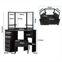 Thumbnail for Modern Vanity Desk Set with Tri-Fold Mirror, Adjustable Height Stool - Hardwood Construction, Spacious Storage