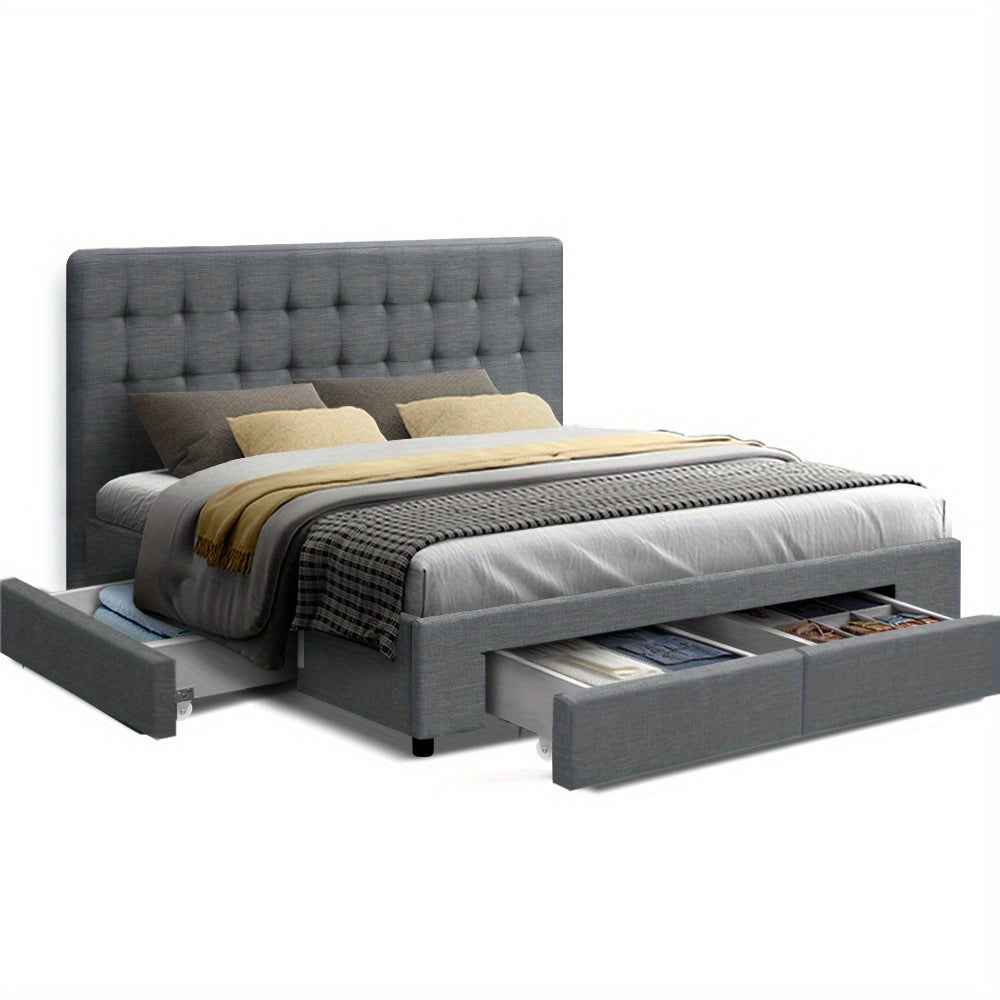 Queen Size Bed Grey AVIO Queen Bed Frame with 4 Storage Drawers