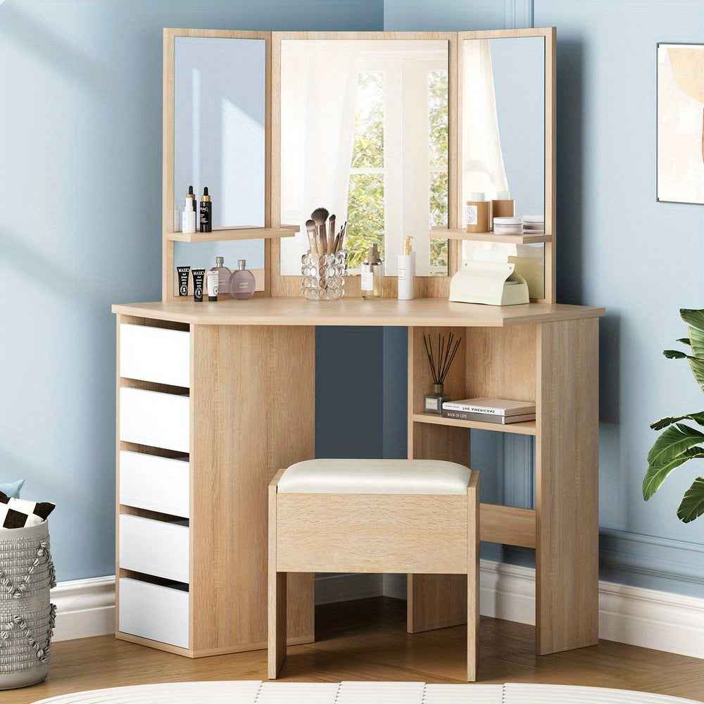 Modern Vanity Desk Set with Tri-Fold Mirror, Adjustable Height Stool - Hardwood Construction, Spacious Storage