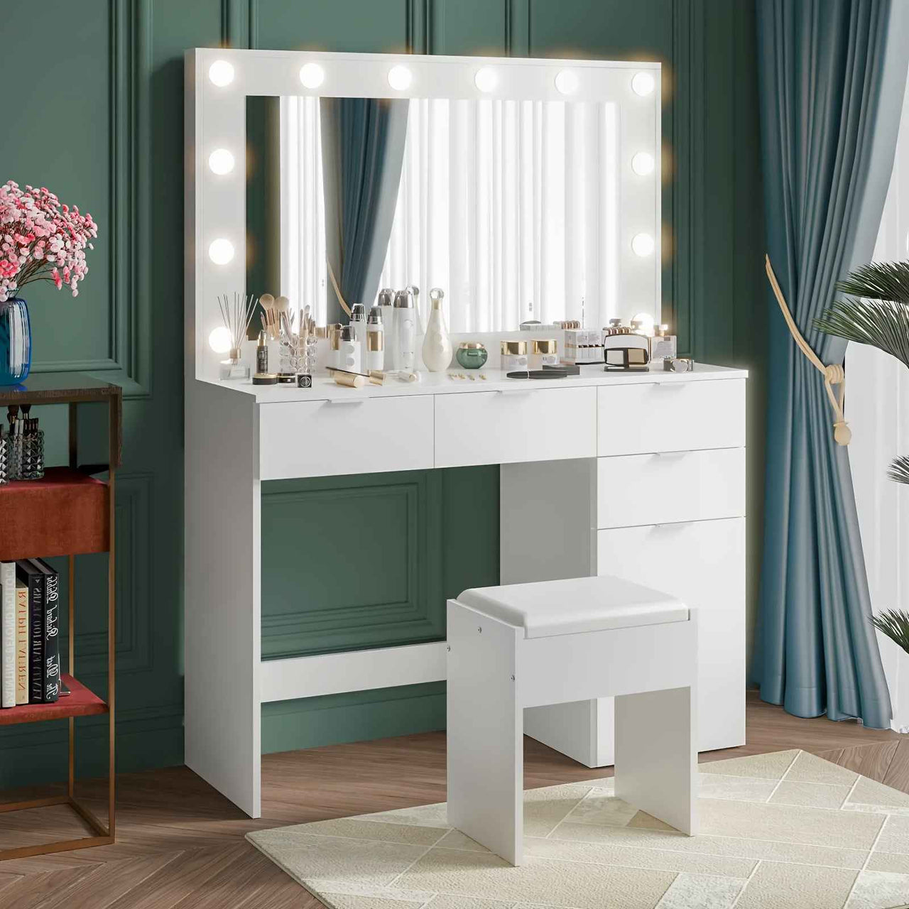 Dressing Table Stool Set With Large Make Up Mirror 12 LED Bulbs Vanity Desk With 4 Storage Drawers And 1 Cabinet For Women Girls Wooden Home Bedroom Furniture White