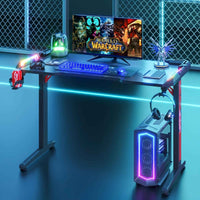 Thumbnail for Gaming Office Desk RGB LED Gamer Workstation Carbon Fiber Racer Table with Cup Holder and Headphone Hook 120cm