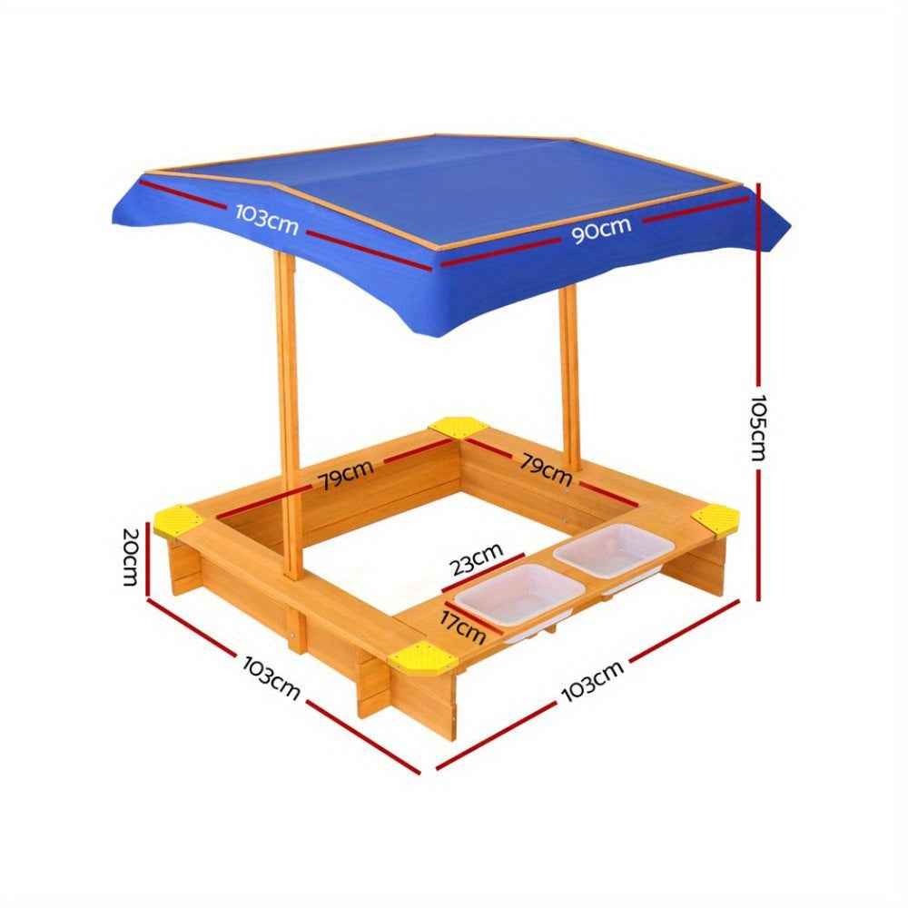 Keezi Youngsters Sandpit Wooden Sandbox with Adjustable Canopy, Water Basin & Toys, 103cm, High Quality