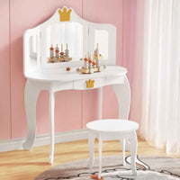 Thumbnail for Keezi Kids Dressing Table Vanity Makeup Chair Set Wooden 3 Mirror Drawer White