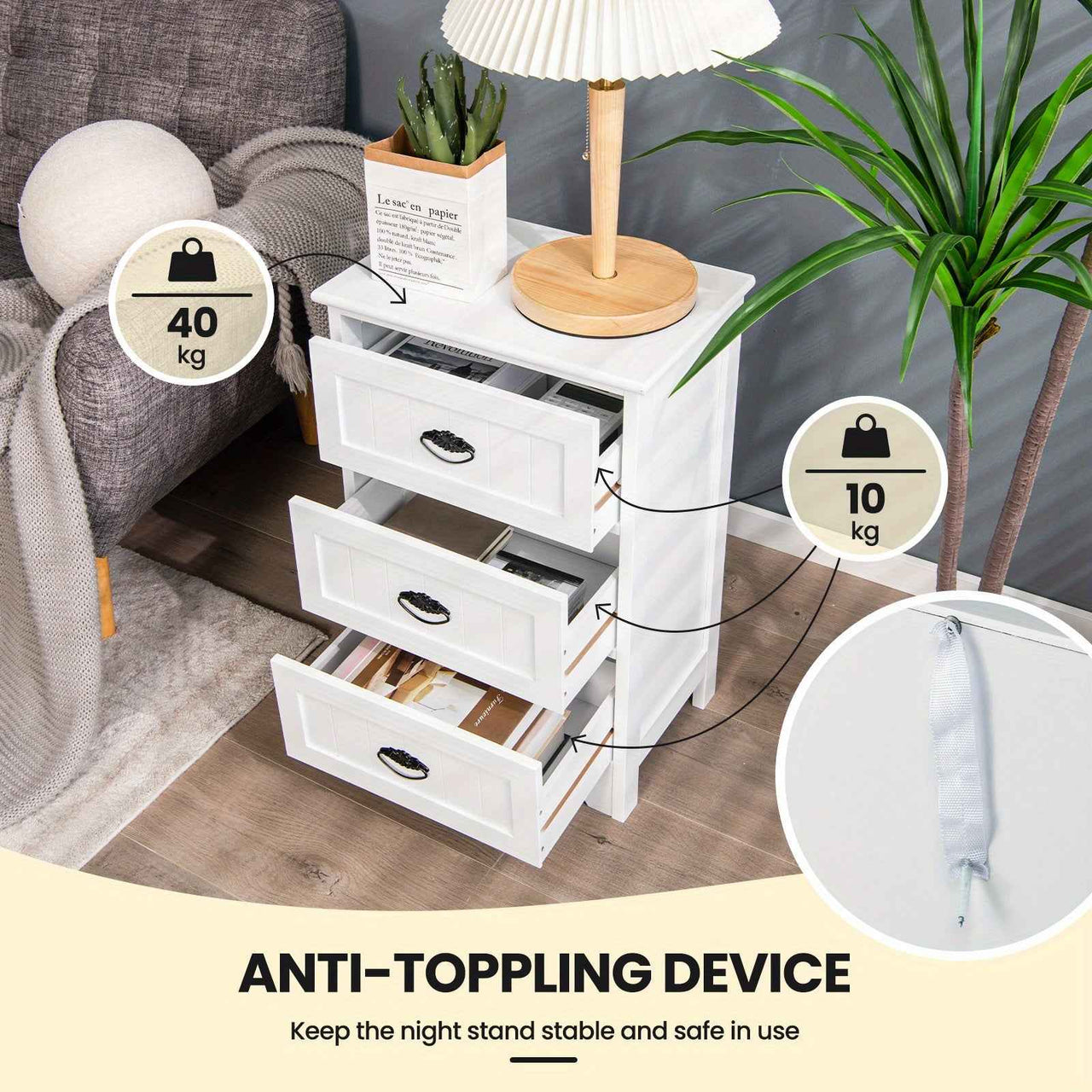 Side Table 3-Drawer Bedside Table Vintage Nightstand Bedroom Living Room Home White