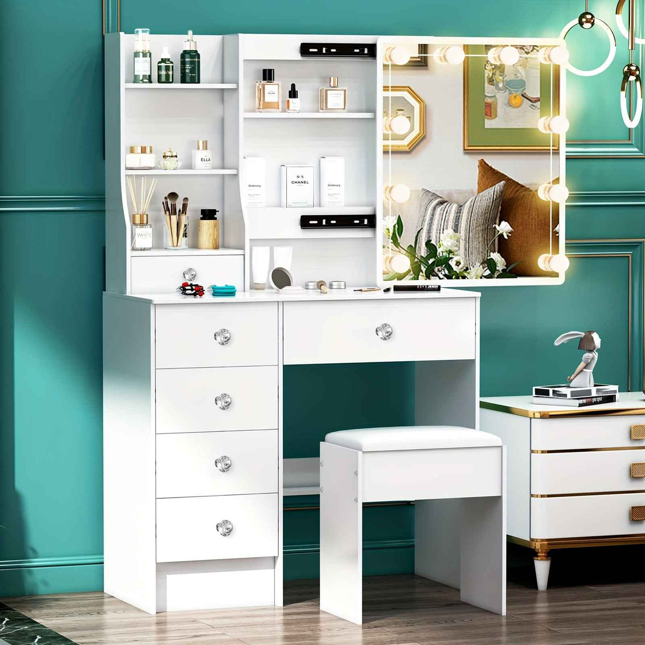 Modern White Solid Wood Dressing Table with Drawers, Lighting Mirror and 3 Lighting Modes