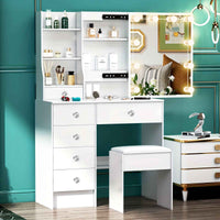 Thumbnail for Modern White Solid Wood Dressing Table with Drawers, Lighting Mirror and 3 Lighting Modes