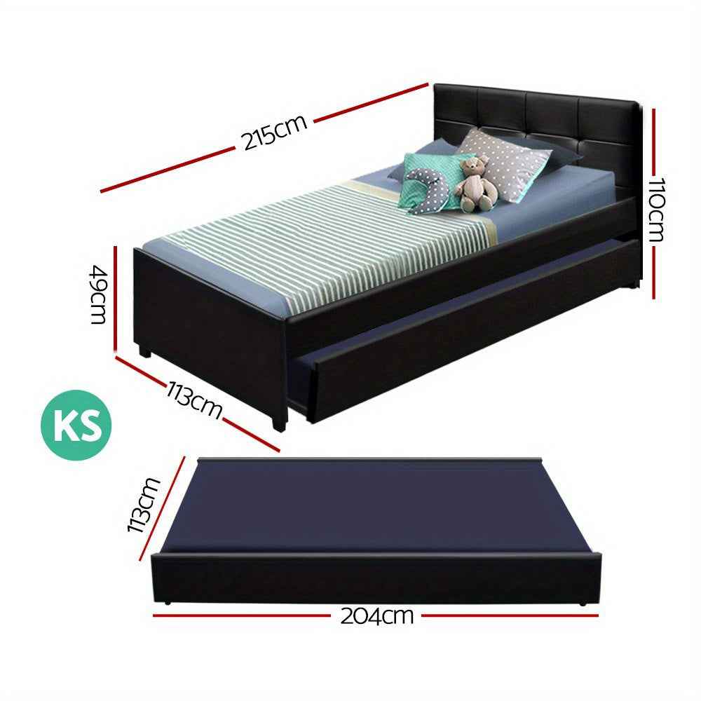 Modern Black Trundle Bed Frame | King Single Size, Hardwood with Drawers & Tufted Design - Easy Assembly, Contemporary Bedroom Decor