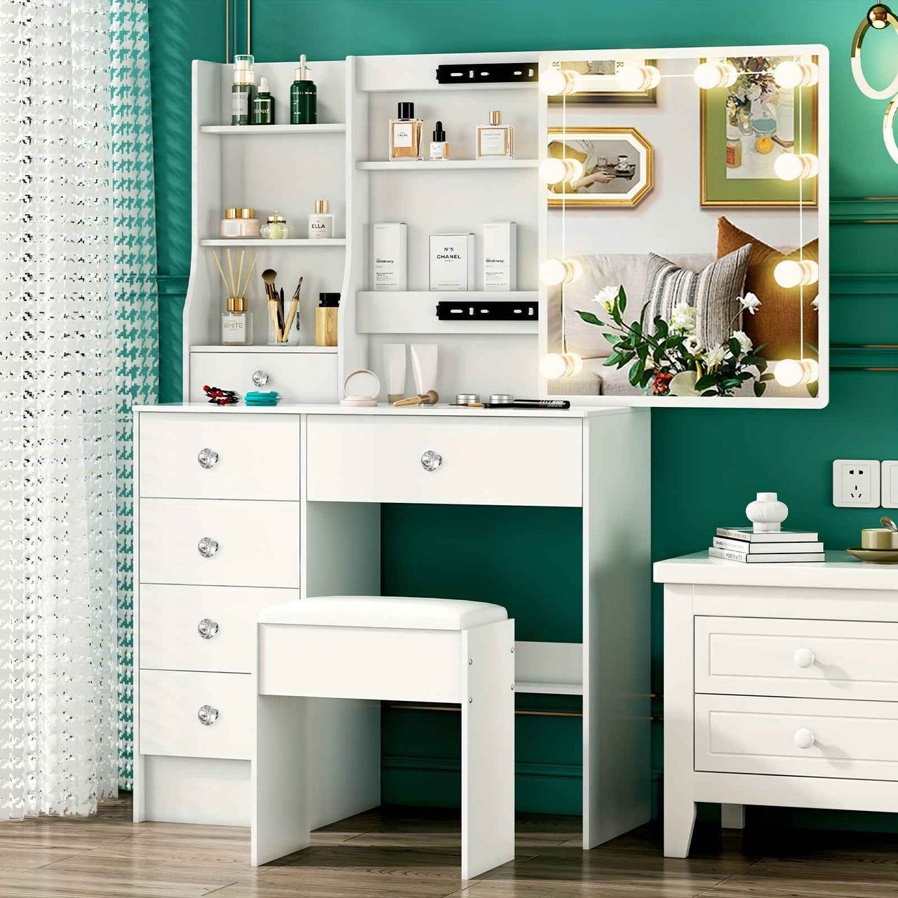 Modern White Solid Wood Dressing Table with Drawers, Lighting Mirror and 3 Lighting Modes