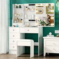 Thumbnail for Modern White Solid Wood Dressing Table with Drawers, Lighting Mirror and 3 Lighting Modes