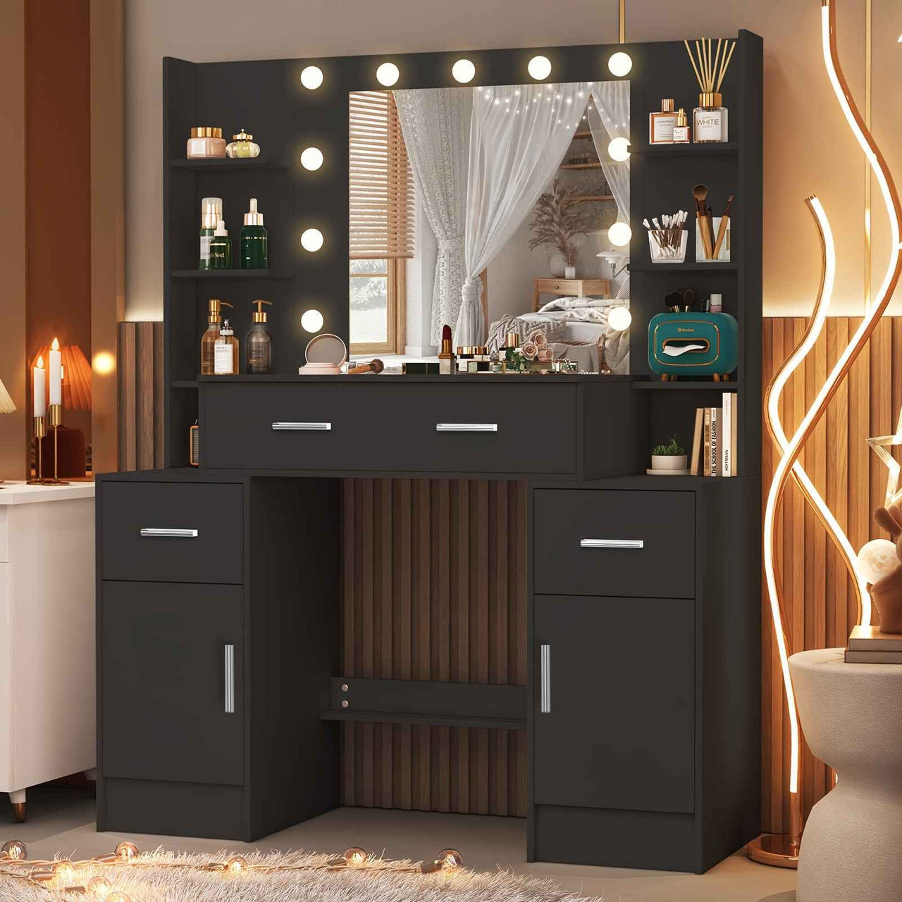 Modern Black Solid Wood Dresser with Drawers, Illuminated Vanity Mirror And 3 Adjustable Lighting Modes