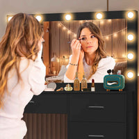 Thumbnail for Black Dresser with Large 11-LED LED Bulbs, Adjustable Pattern & USB Powered - Scandinavian Style Wood & Hardwood Vanity Organizer, 3.2 Cu Ft Storage, 68.58cm Height, Easy Assembly, Dresser Vanity Desk, Modern Aesthetic, Wood Grain Texture