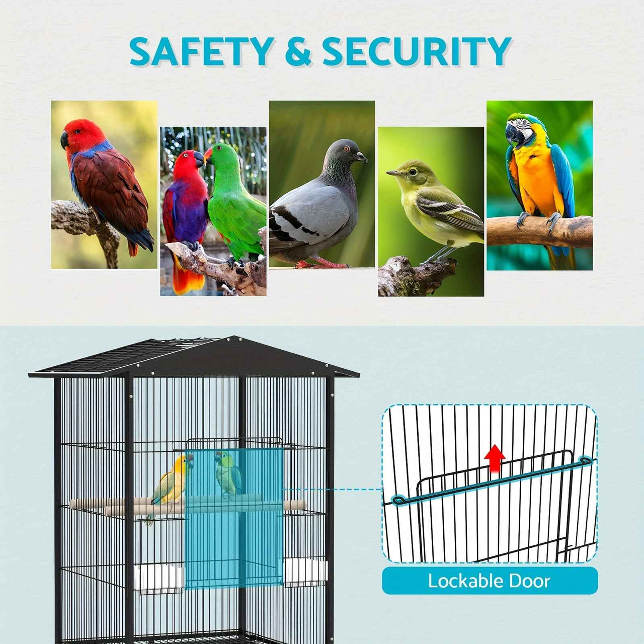 Advwin Large Metal Bird Cage with 2 Perches, Rotatable Wheels & Brake - Ideal for Parrots, Budgies, Finches, Canaries - Antirust, Easy Access, Waterproof Tray, 85x45x57cm