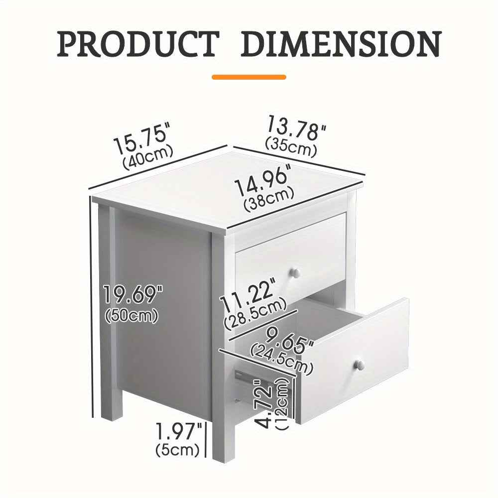 White Wooden Bedside Table with 2 Large Drawers - Compact 27" Nightstand