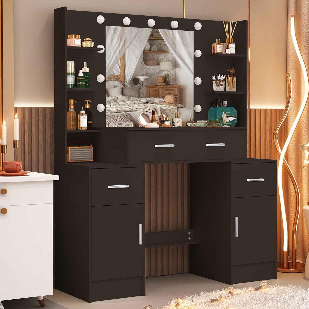Modern Black Solid Wood Dresser with Drawers, Illuminated Vanity Mirror And 3 Adjustable Lighting Modes
