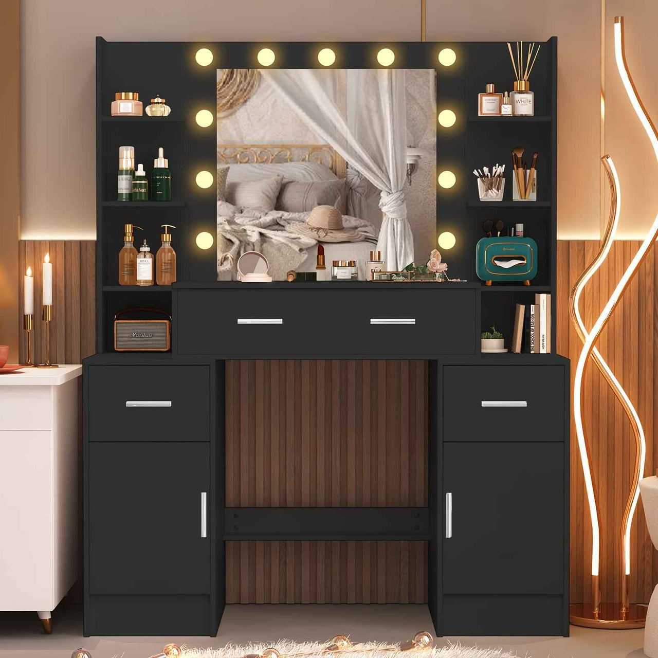 Modern Black Solid Wood Dresser with Drawers, Illuminated Vanity Mirror And 3 Adjustable Lighting Modes