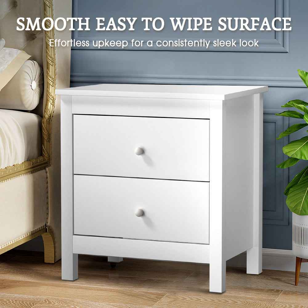 White Wooden Bedside Table with 2 Large Drawers - Compact 27" Nightstand