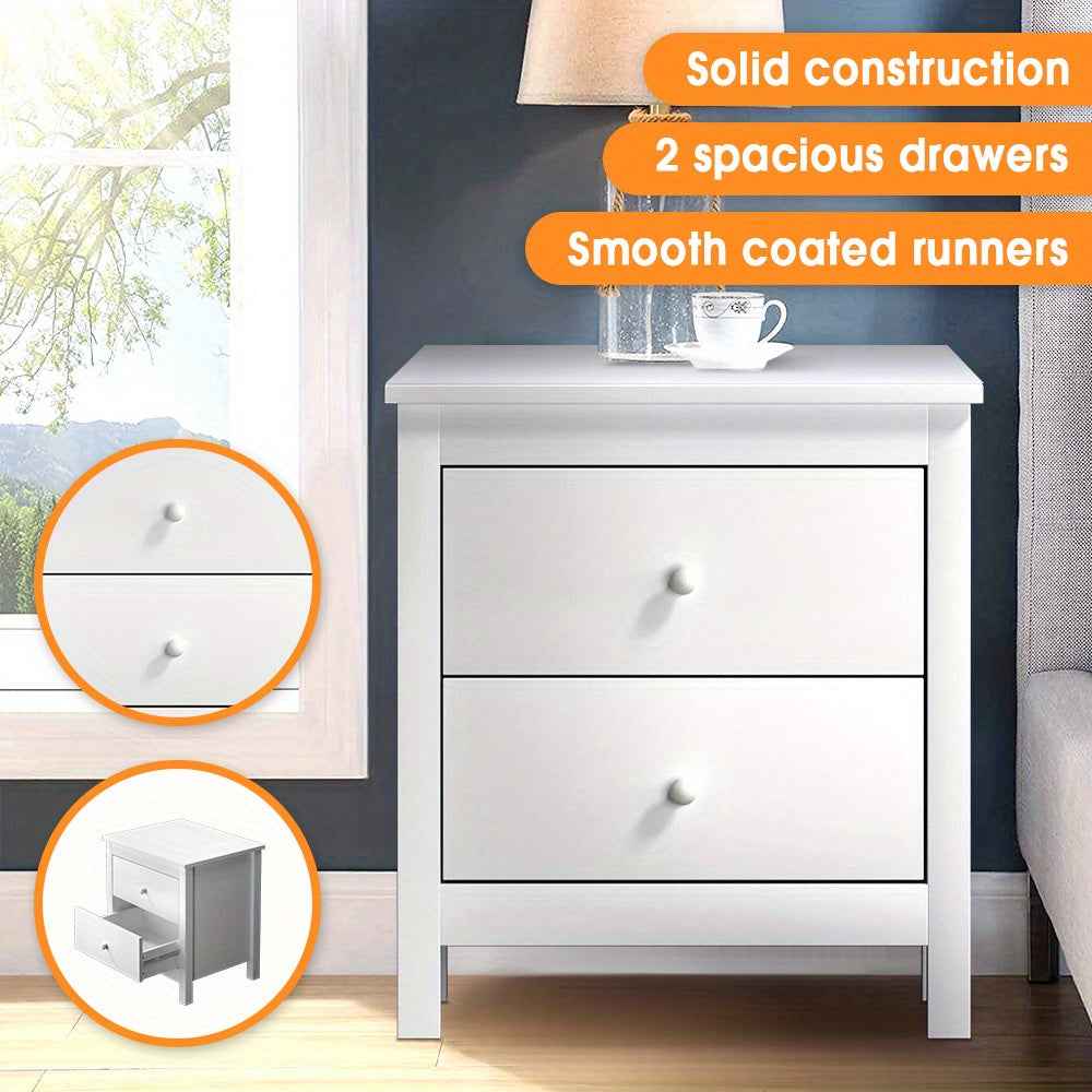 White Wooden Bedside Table with 2 Large Drawers - Compact 27" Nightstand