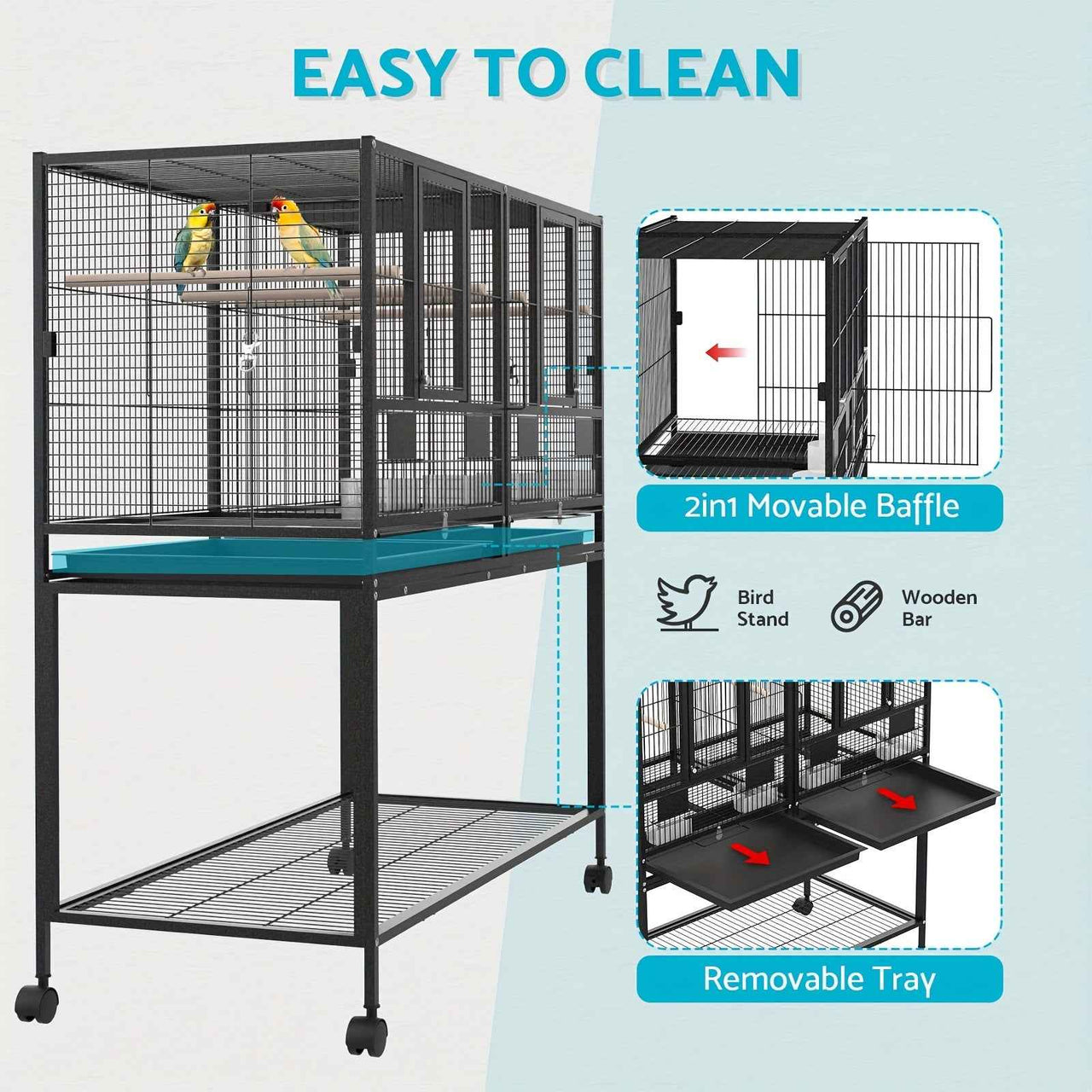 2in1 Large Bird Cage 106.5x95x45cm 4 Perches Aviary Parrot Budgie Stand Alone Wheels W/Brake