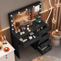 Thumbnail for Black Dresser with Large 11-LED LED Bulbs, Adjustable Pattern & USB Powered - Scandinavian Style Wood & Hardwood Vanity Organizer, 3.2 Cu Ft Storage, 68.58cm Height, Easy Assembly, Dresser Vanity Desk, Modern Aesthetic, Wood Grain Texture