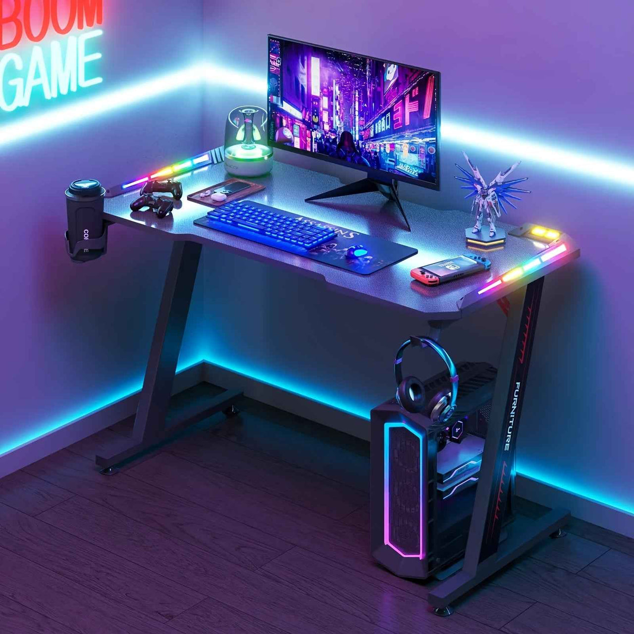 Gaming Office Desk RGB LED Gamer Workstation Carbon Fiber Racer Table with Cup Holder and Headphone Hook 120cm