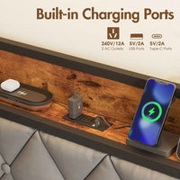 Thumbnail for Advwin Double bed / Queen bed Size Bed Frame, Storage Tufted Headboard & Charging Station and USB Ports, Industrial Upholstered Platform Bed