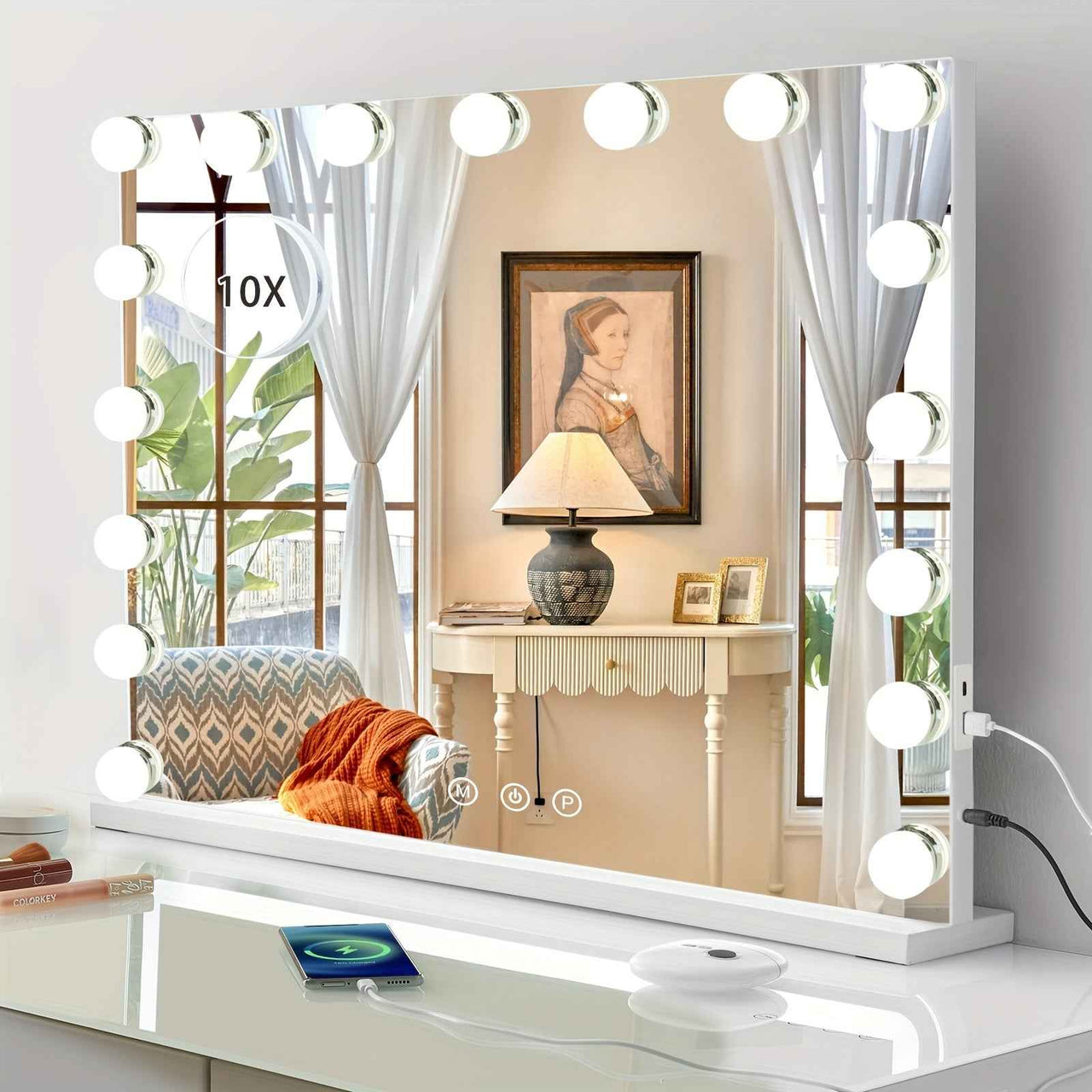 Hollywood Mirror 23.6x20.5in, 17 Dimmable LED Lights, Lighted Makeup Mirror, 3 Colour Lighting Modes