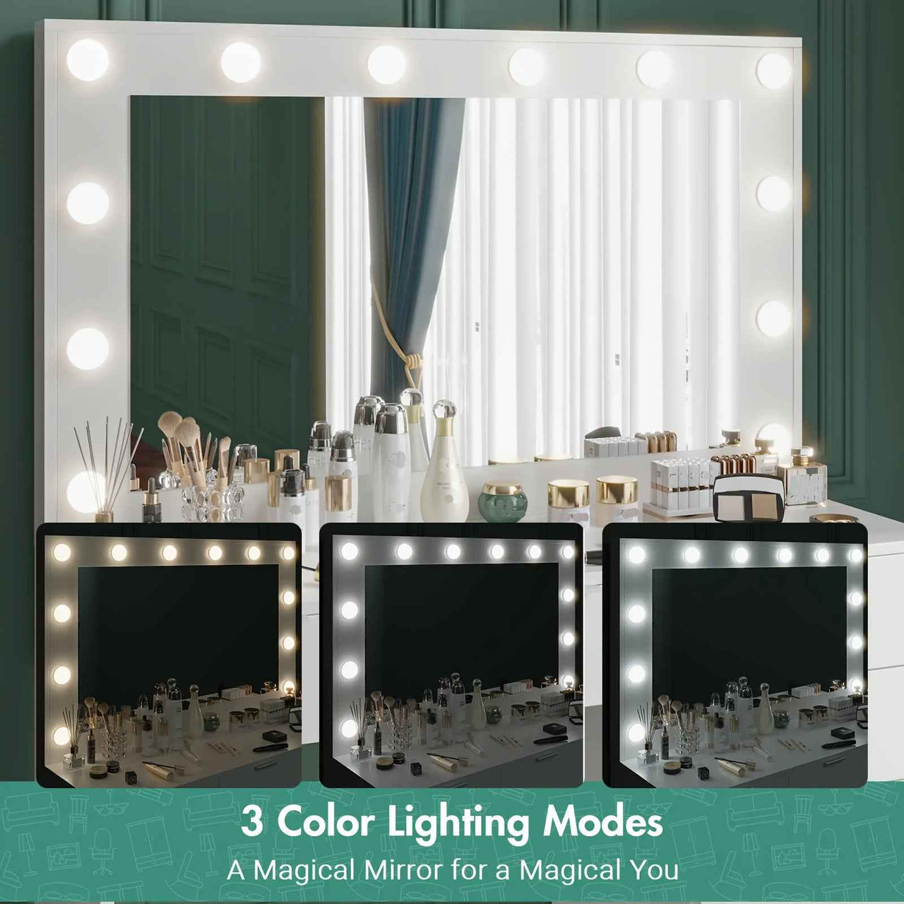 Dressing Table Stool Set With Large Make Up Mirror 12 LED Bulbs Vanity Desk With 4 Storage Drawers And 1 Cabinet For Women Girls Wooden Home Bedroom Furniture White