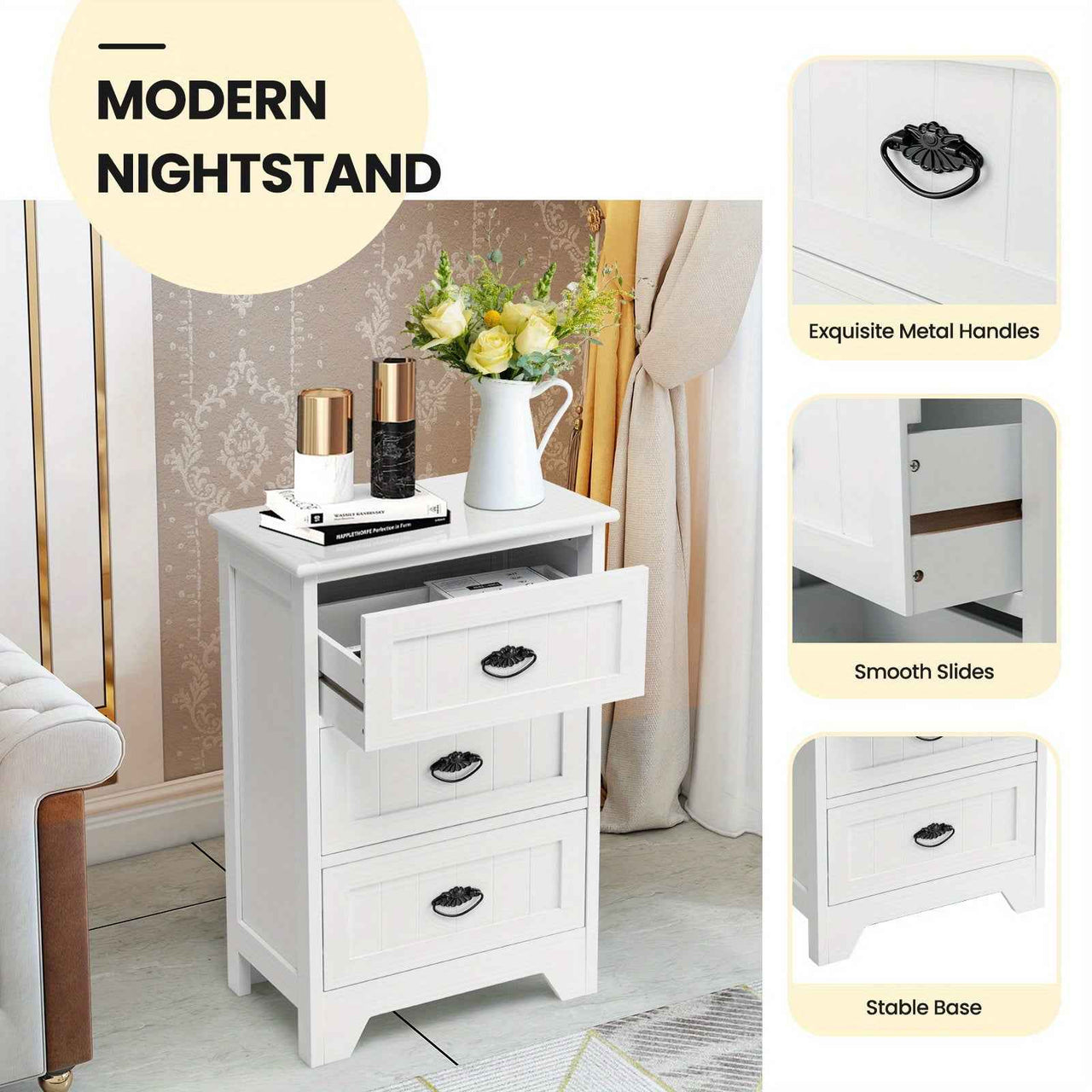 Side Table 3-Drawer Bedside Table Vintage Nightstand Bedroom Living Room Home White