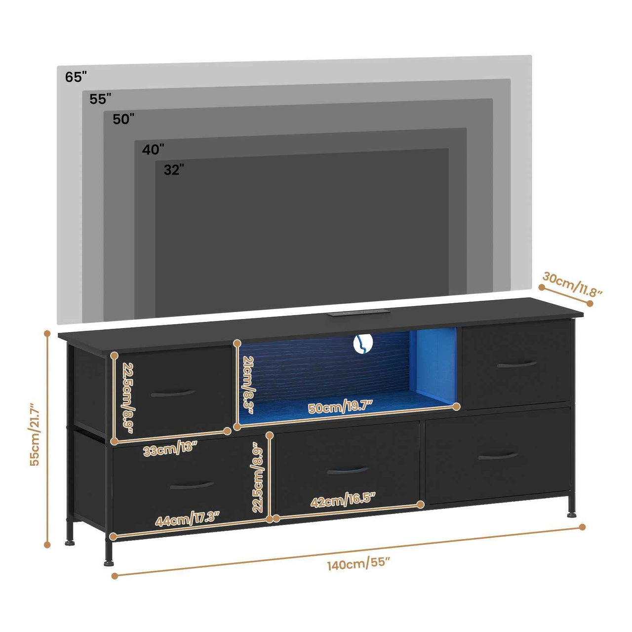 Advwin TV Unit Cabinet 140cm with Charging Station, TV Stand with 5 Storage Drawers & Open Shelf,