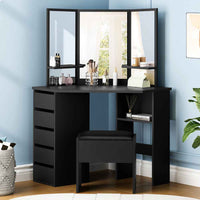 Thumbnail for Modern Vanity Desk Set with Tri-Fold Mirror, Adjustable Height Stool - Hardwood Construction, Spacious Storage