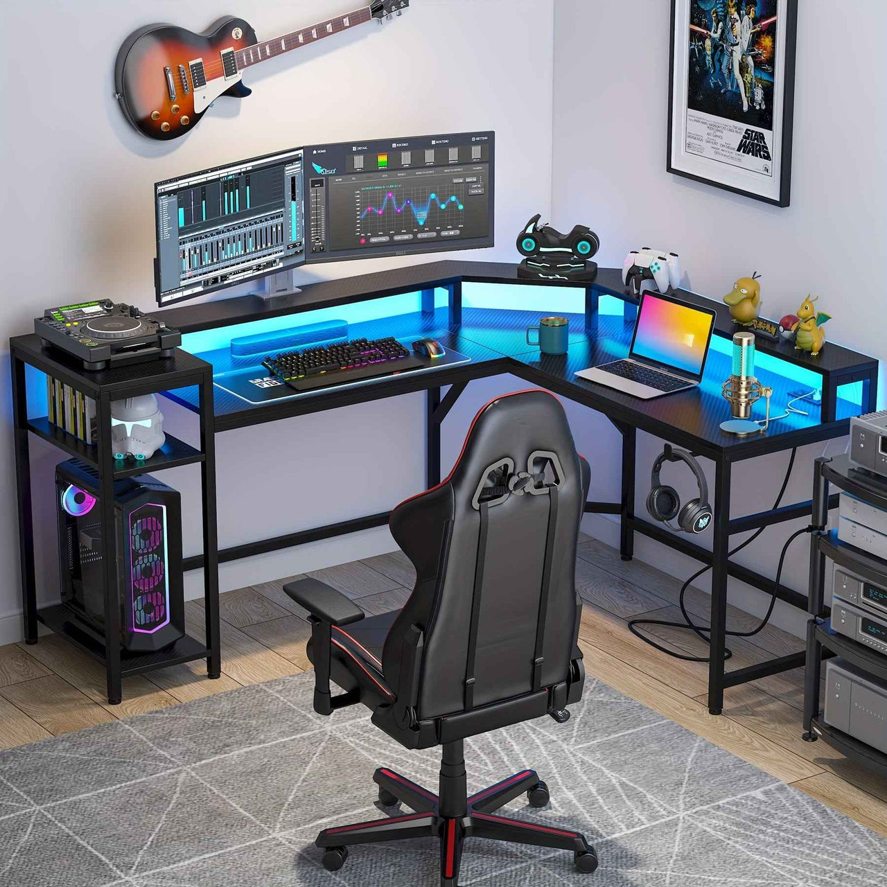 Gaming Desk with Storage Shelves, Modern L-Shaped Computer Desk, Corner Desk with Monitor Stand, Black