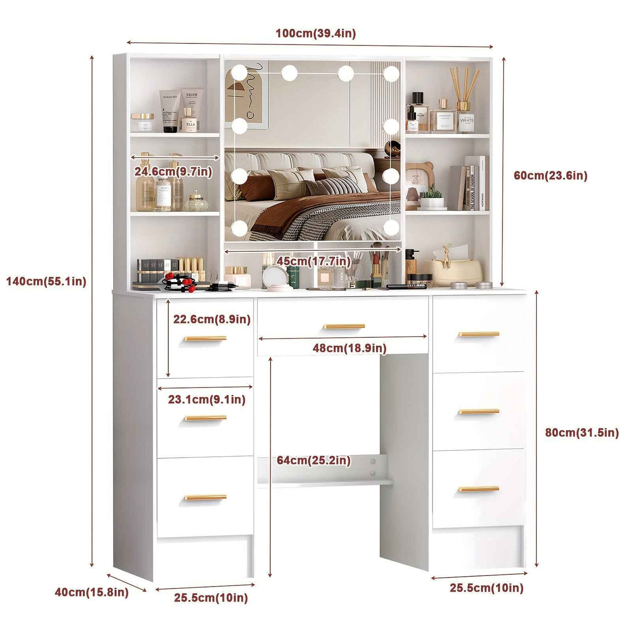 Modern White Solid Wood Dresser with Drawers, Illuminated Vanity Mirror And 3 Adjustable Lighting Modes