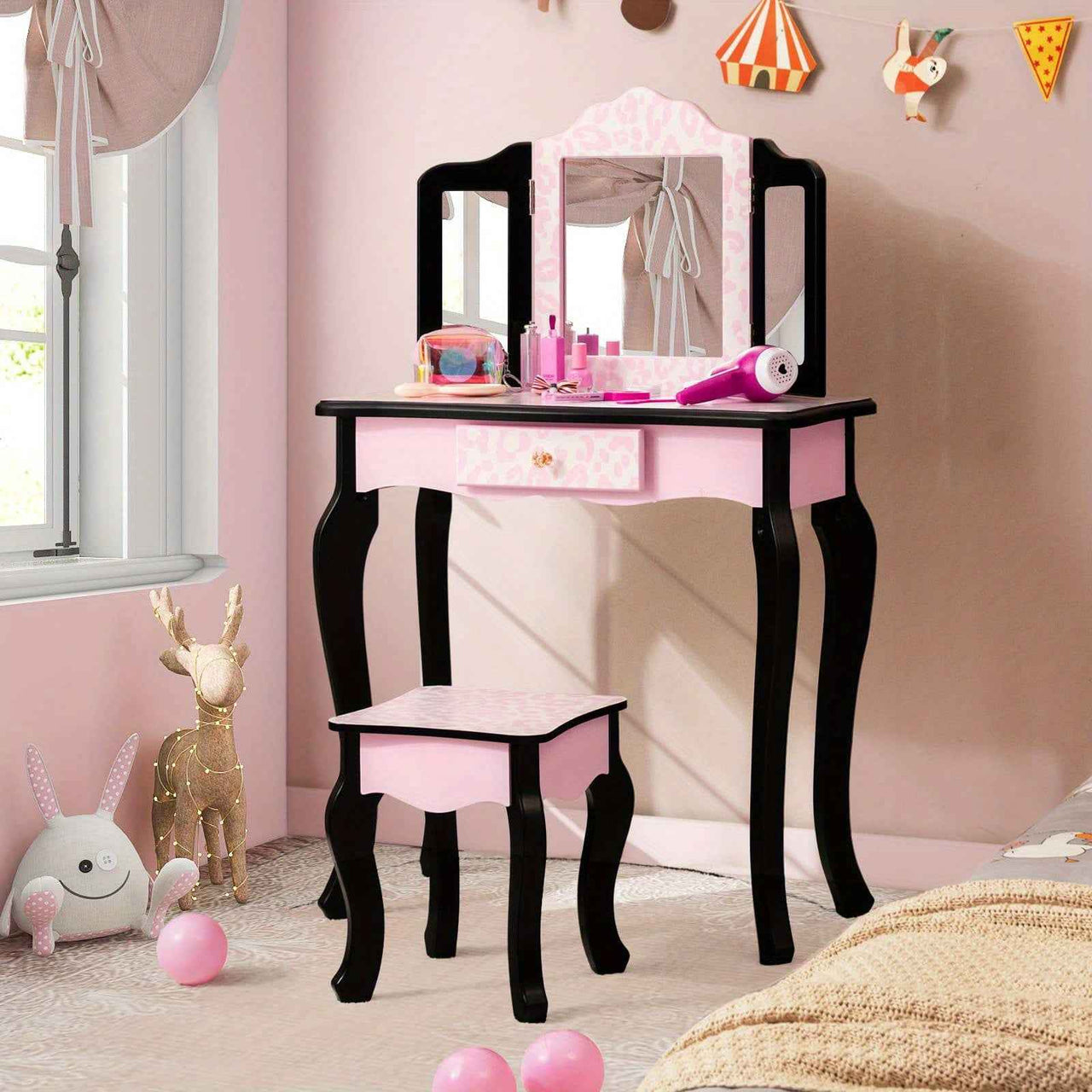 Pink Kids Vanity Makeup Set Pink Bedroom Dresser with Stool Set and Tri-Folding Mirror