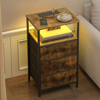 Thumbnail for Advwin Bedside Table 2/3 Fabric Drawers Wooden, LED Nightstand with Charging Station And USB Port