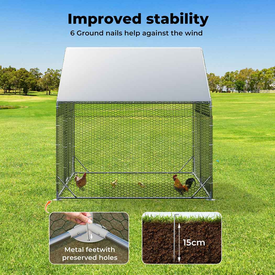 Chicken Coop Large Pet Cage, Thick Galvanized Metal Hen House with Waterproof Sun-Protective Cover
