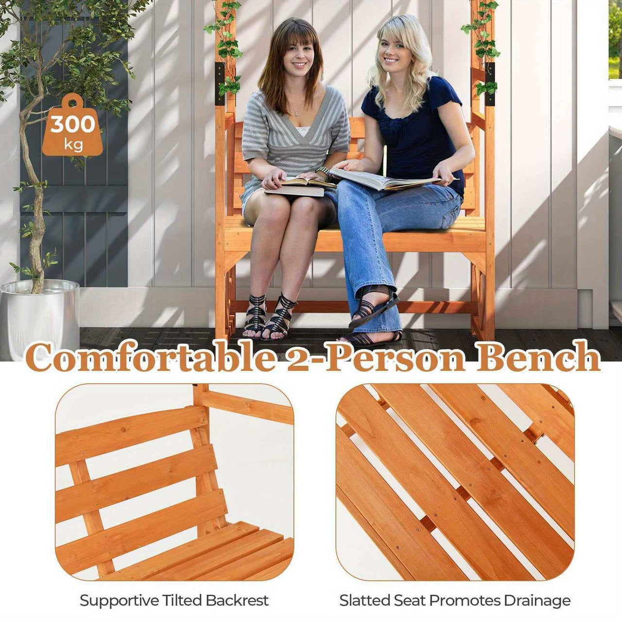 Patio Garden Arch Archway 2-Seat Wooden Bench w/ 2 Trellises & Pergola