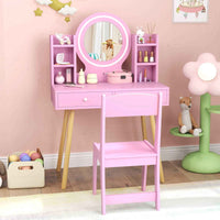 Thumbnail for Pink Kids Vanity Dressing Table & Chair Set Makeup Desk & Chair w/ 2-Color Front Lit Mirror