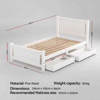 Thumbnail for Artiss Bed Frame King Single Size Wooden Platform with 2 Storage Drawers White RIO