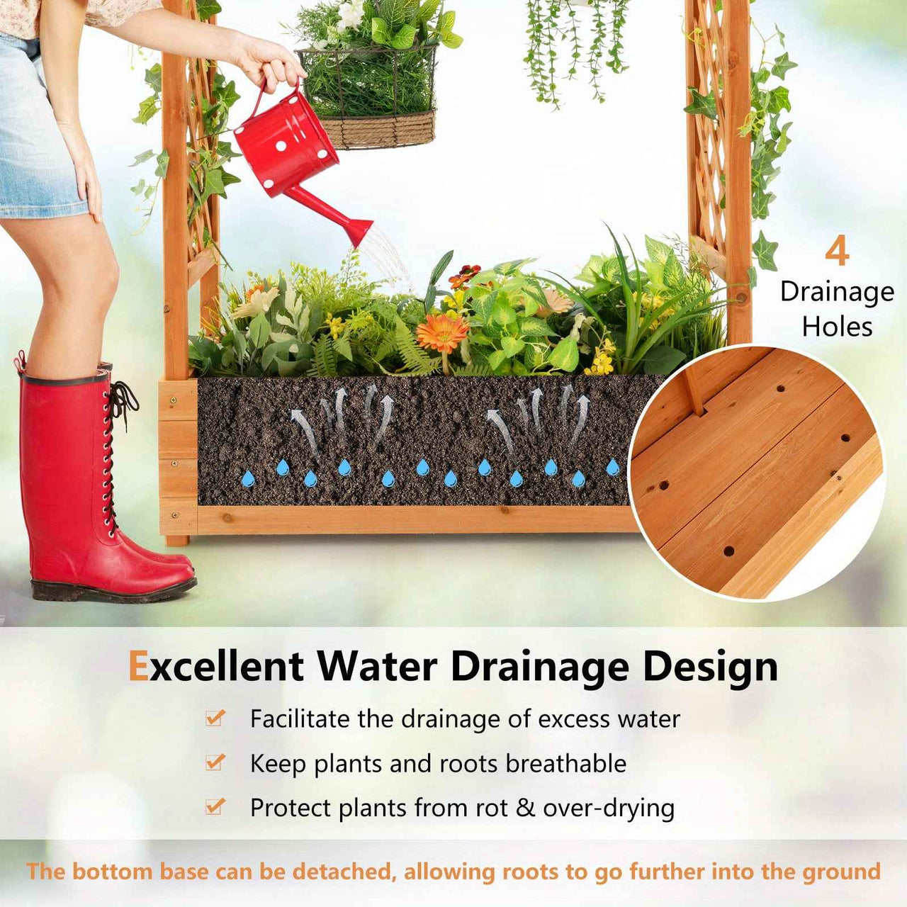 Large Wooden Raised Planter Garden Bed Container w/Top Trellis for Vine Climbing Plant Flower