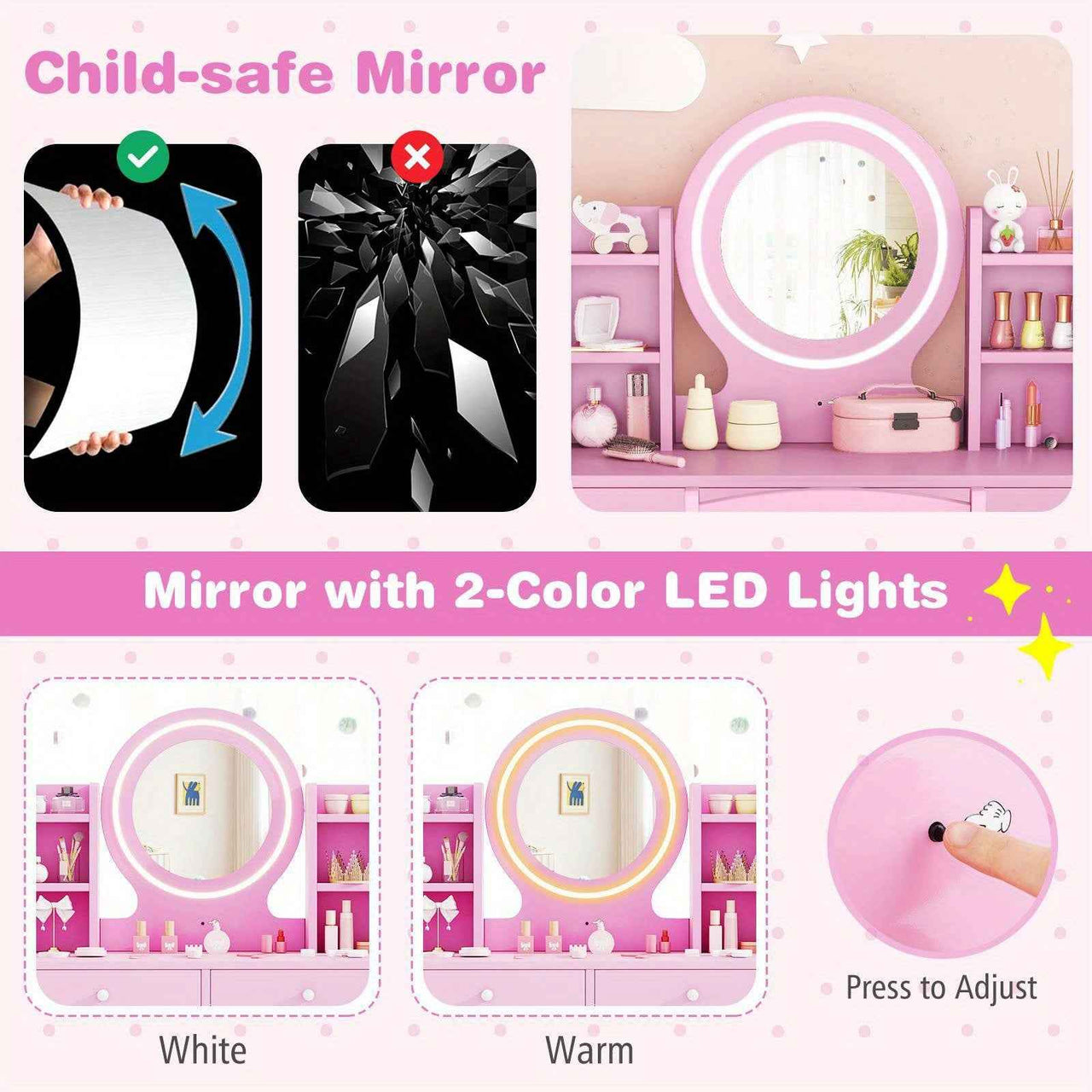 Pink Kids Vanity Dressing Table & Chair Set Makeup Desk & Chair w/ 2-Color Front Lit Mirror