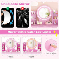 Thumbnail for Pink Kids Vanity Dressing Table & Chair Set Makeup Desk & Chair w/ 2-Color Front Lit Mirror