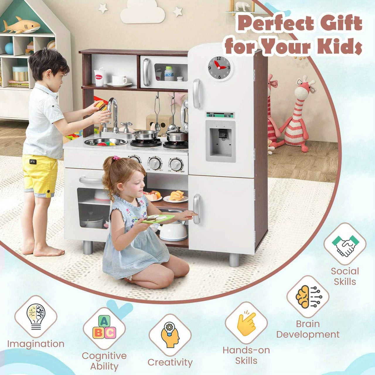 LIFEZEAL Kitchen Play Set Pretend Play Toys Wooden Cooking Accessories w/ Realistic Sounds & Lights