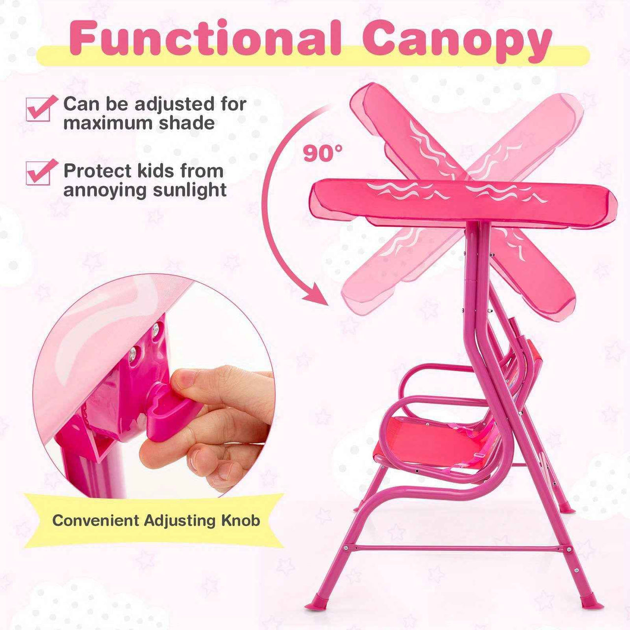 2-Seater Porch Swing Indoor / outdoor kids Chair Bench w/ Adjustable Tilt Canopy & Metal Stand Mermaid Pattern Pink
