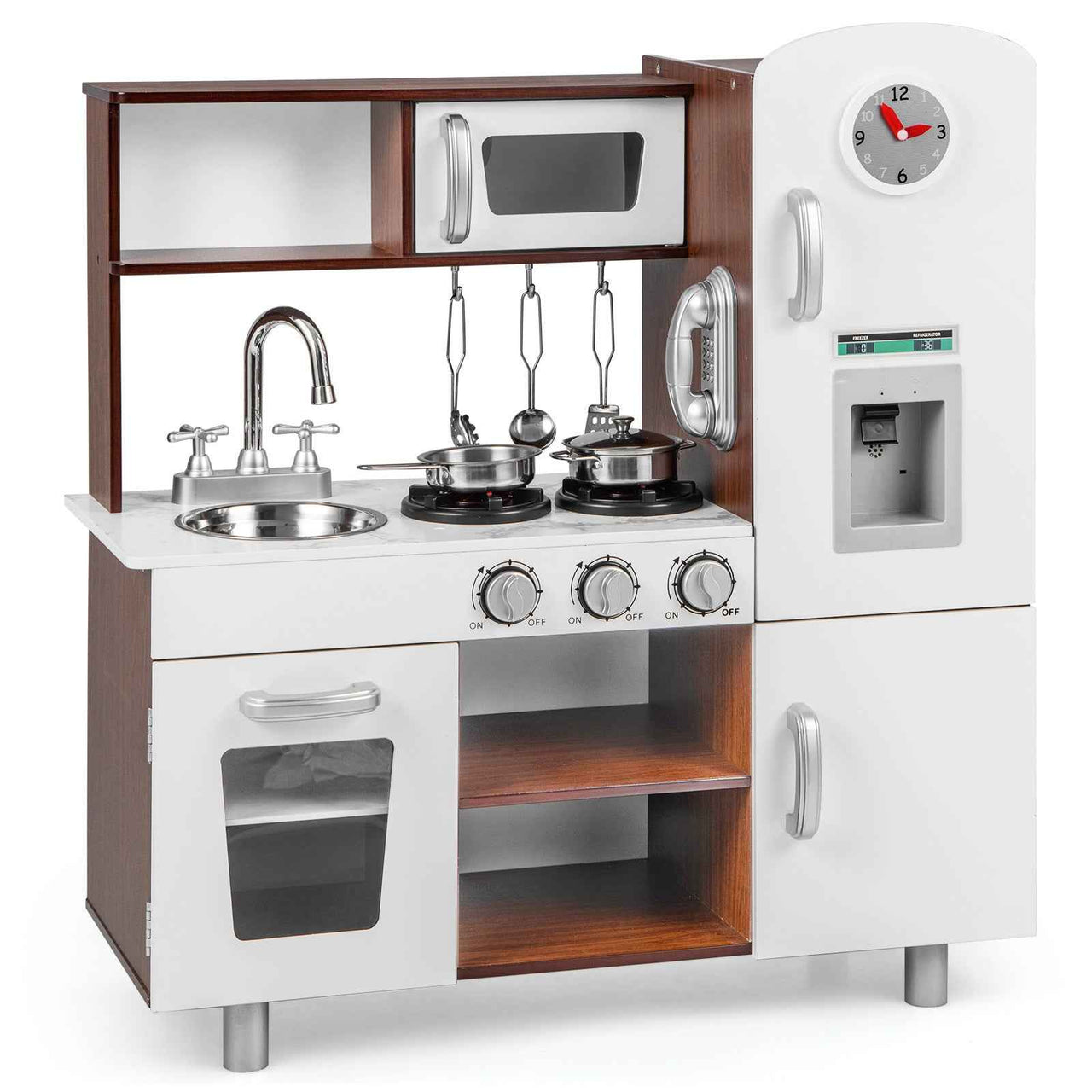 LIFEZEAL Kitchen Play Set Pretend Play Toys Wooden Cooking Accessories w/ Realistic Sounds & Lights
