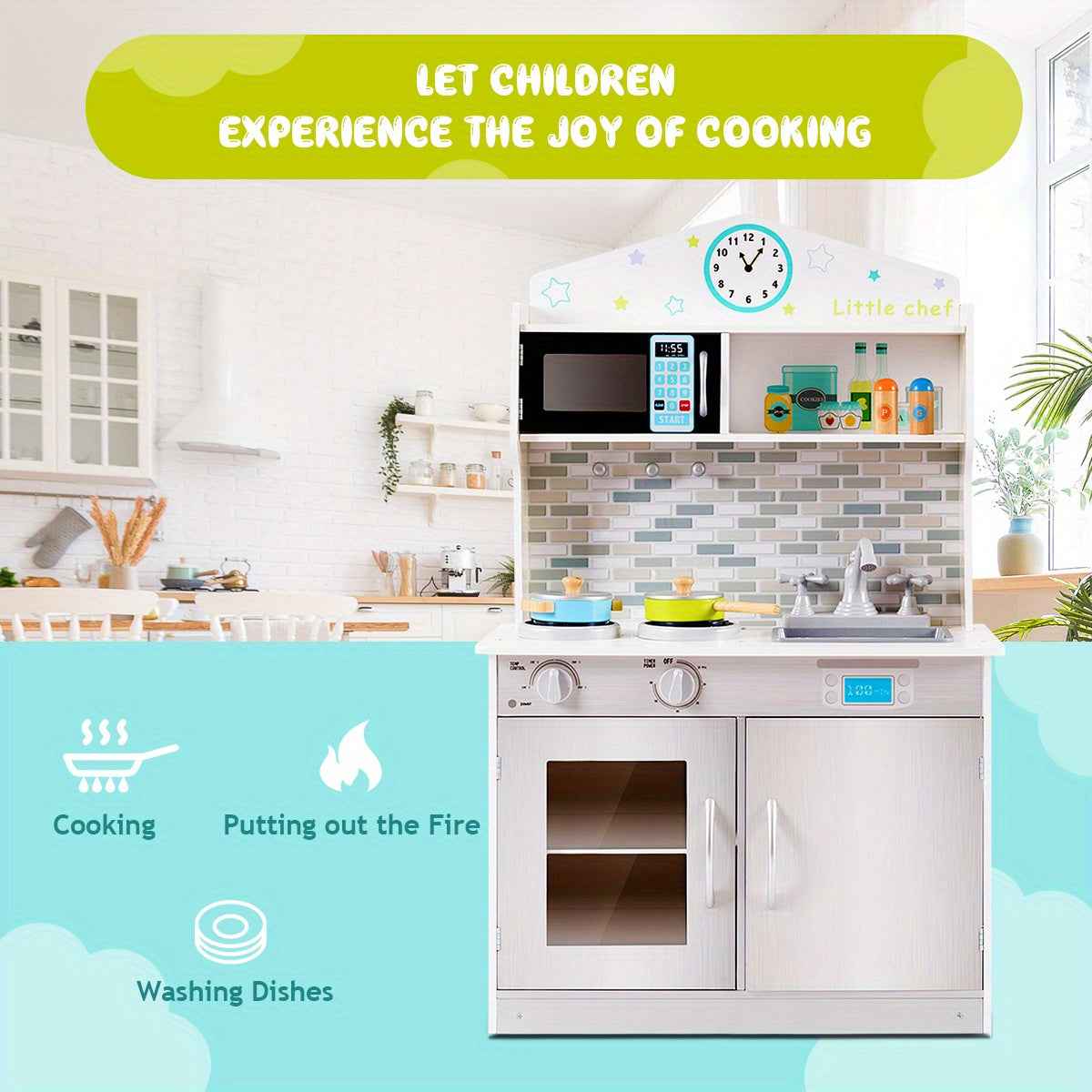 Wooden kids Kitchen Play Set Role Play Set Pretend Cooking Toys Gift w/Cookware
