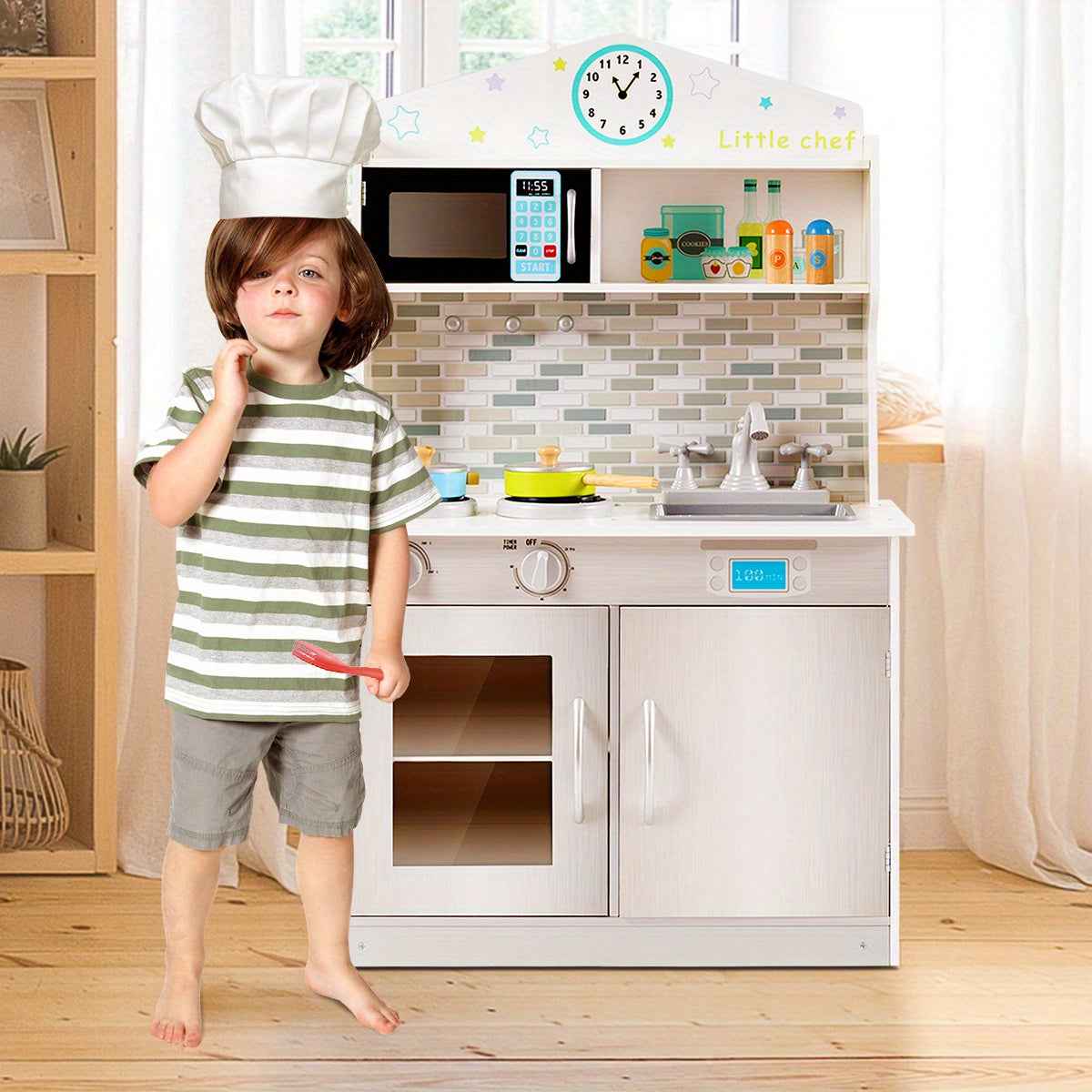 Wooden kids Kitchen Play Set Role Play Set Pretend Cooking Toys Gift w/Cookware