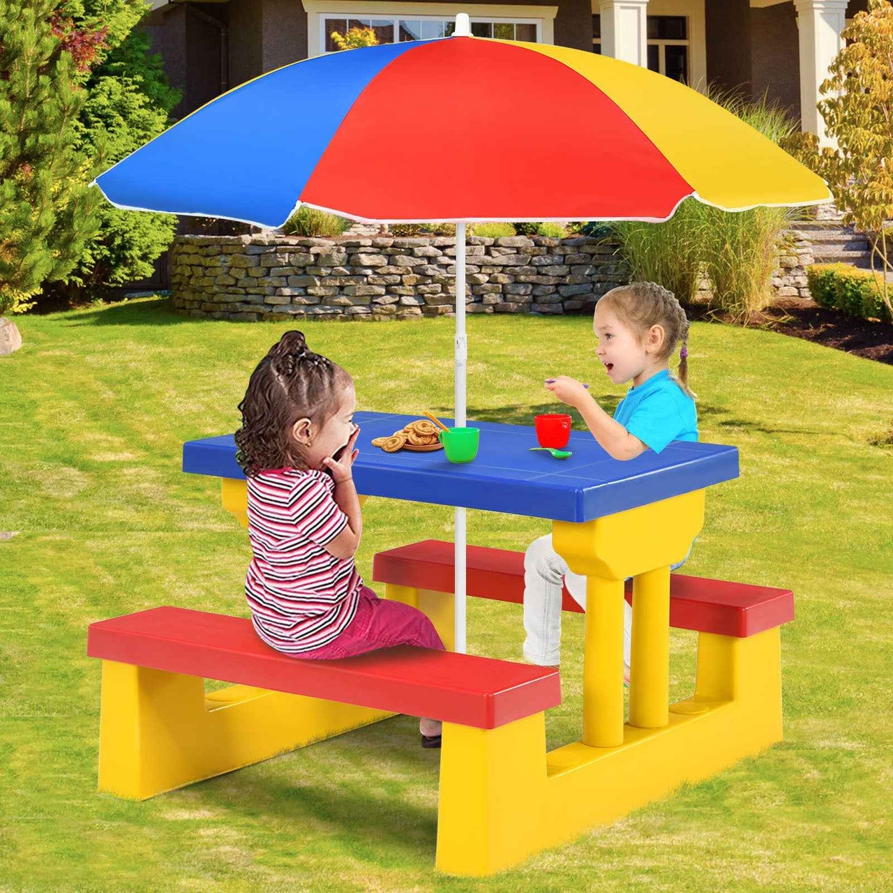 Kids Picnic Table Set Bench w/ Removable Umbrella Patio Yard, Mixed Color Plastic